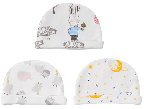 3 Pcs Recién Nacidos Gorrita, Gorro Cúpula Recién Nacido, Sombrero Suave para Recién Nacido, Algodón Gorro Bebé, para Bebés, Niños, Niñas, 0 a 6 Meses, Talla M (Circunferencia del Sombrero 42cm)