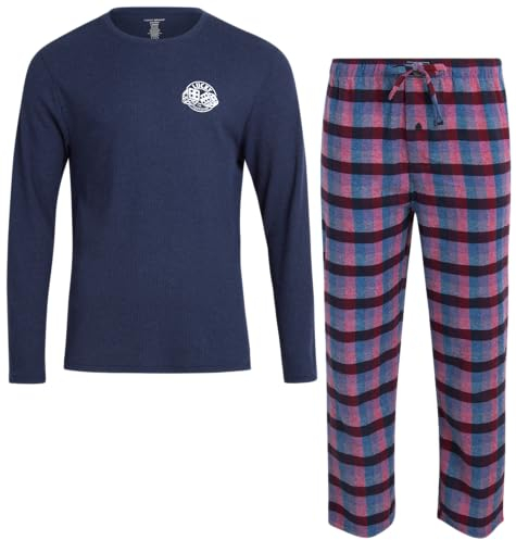 Lucky Brand Conjunto de pijama para hombre, parte superior de punto gofre y pantalones de franela de forro polar, Mood Indigo Heather/Mood Indigo Plaid, X-Large