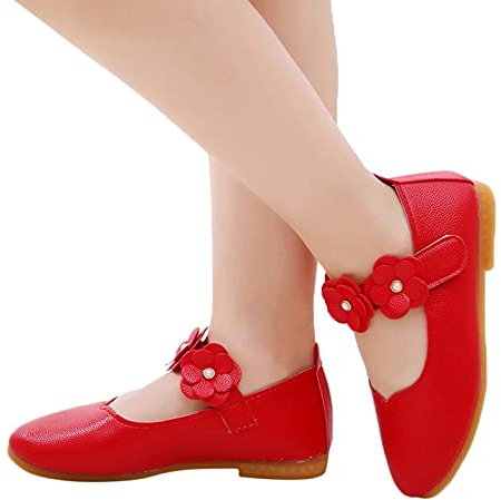 Scarpe da principessa, da bambina, con ballerina, eleganti scarpe da battesimo, antiscivolo, per feste, ballerine, con chiusura in , Colore: rosso, 34 EU