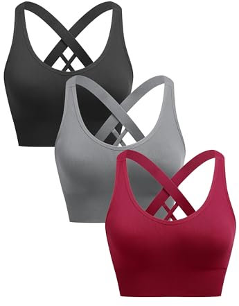 ANGOOL Sport BH Damen ohne Bügel Push Up BH Starker Halt Sport Bustier Damen Gepolstert Crossback Seamless Yoga Joggen Gym Sports Bra, Schwarz+Grau+Weinrot, L
