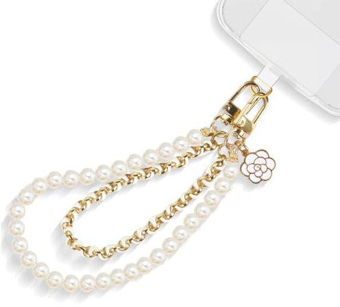 Mezrkuwr Handy-Armband, weiße Perlen, Leder, Doppelkette, Handy-Charm, freihändiges Armband, Handy-Kette Abnehmbares Handy-Lanyard Schlüsselband für Damen