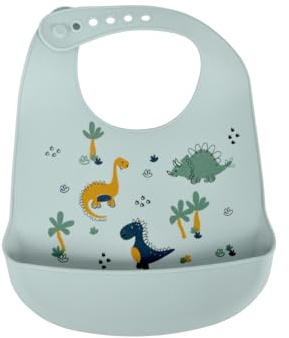 BEBE DOUCEUR, Bavoir Silicone avec Récupérateur 30 x 20.5 cm Dino World Celadon