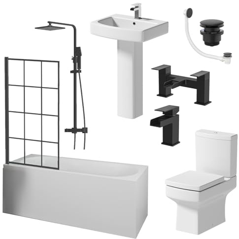 Affine® Complete Bathroom Suite 1700mm Single Ended Curved Bath Shower Grid Screen Close Coupled Toilet WC Basin Full Pedestal Waterfall Taps Waste