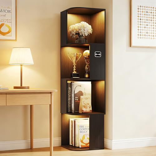 55.1  Corner Wood Bookcase with Body Sensor LED for Home Office,Black | Corner Bookcase,3 Color Lights,body sensor,MDF,Asymmetrical structure, baseboard,5-tiers