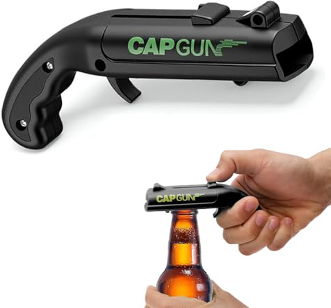 Apribottiglie Pistola Sparatappi Cap Gun, Gadget Divertenti per Feste e Bar, Spara Tappi oltre 5 Metri, Regalo Simpatico e Originale per Uomo, Accessori Birra in Plastica Resistente, Nero