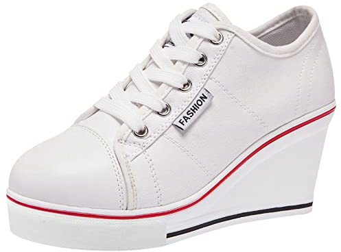 ANUFER Mujer Tacón de Cuña con Cordones Lona Zapatos Deportivos Alpargatas SN02435 Blanco EU37