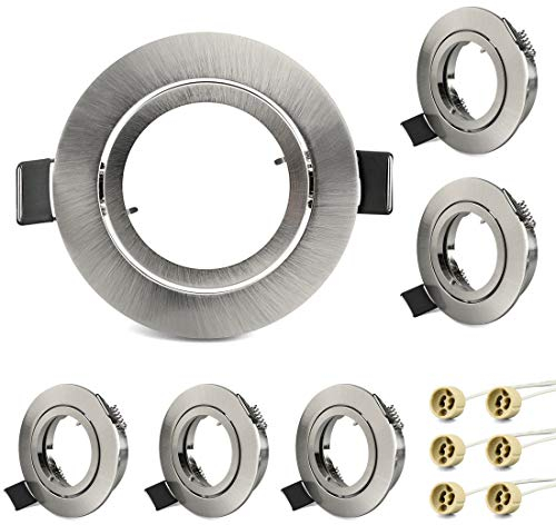 KYOTECH Einbauleuchten rahmen GU10 Schwenkbar 6er Set led spot einbaurahmen Rund Nickel gebürstet,Einbauspots Einbauleuchten für Halogen Leuchtmittel LED-Modul MR16, inkl. GU10 Fassung