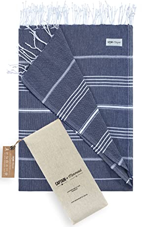 Captain&Mermaid® Premium XXL Strandtuch 100% Baumwolle | Badetuch | Picknickdecke | 220x160 | Peshtemal | leicht & extra groß (Deep Sea)