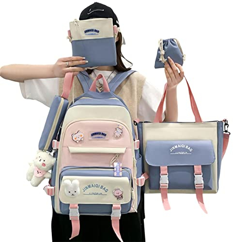 Rucksack Combo für Schule | Netter Schulrucksack mit Kawaii Bär Anhänger - 5-teiliges Rucksack-Set für Mädchen, Oxford Canvas Schulbedarf, Zubehör für Kinder,