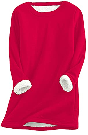 Damen Fleece Langarm Sweatshirts Winter-Warmer Plüsch Pulli Oversized Rundhals Sweatshirt Teddy-Fleece Pullover Unterhemd