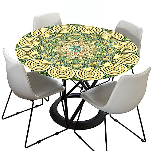Morbuy Rund Tischdecke Elastisch, Lotuseffekt Tischdecke Abwaschbar Tischdecken Mandala Drucken Gartentischdecke Indoor Outdoor Tischtuch (Durchmesser 70cm,Gelb)