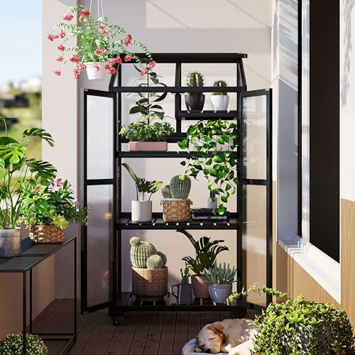 Polibi Wooden Greenhouse, Cold Frame Portable Greenhouse with Wheels and Adjustable Shelves for Indoor Outdoor Patio Balcony Garden, 31.5 Lx22.4 Wx62 H, Black