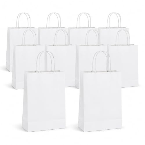 Vebetter 10X Sacchetti Carta con Manici Borse Carta Borsa Kraft Bianco Shopper Carta Sacchetti Regalo Carta per Cottura, Feste di Compleanno, Natale, Regali, Shopping, Sacchetti Avana, 27x17x11cm