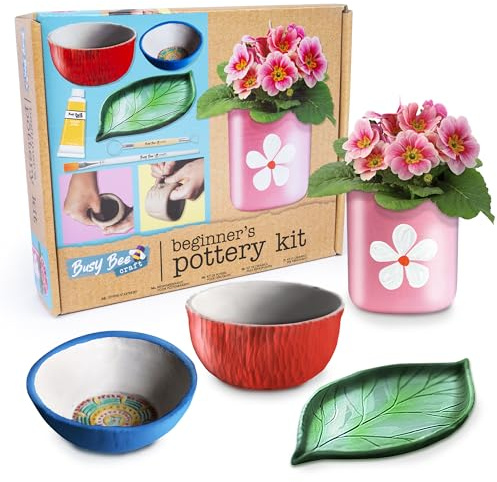 abeec Air Dry Clay Pottery Starter Kit for Adults | Complete Beginners Set with Paint, Tools, Varnish & Brushes | Make and Paint Your Own Pot at Home, No Kiln Needed | Craft Gift