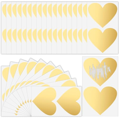 COMNICO 50 Stück Rubbelaufkleber 75mm Herz Rubbelaufkleber Selbstklebende Goldene Rubbelsticker für Lotterielose, DIY Verlosungskarten, Belohnungskarten, Promotion