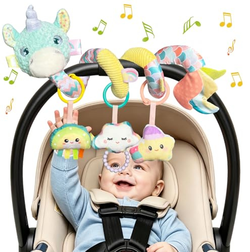 Kulveanju Baby Spiral Pram Toy 0-6 Months - Musical Plush Spiral Activity Hanging Toys for Babies Pushchair Stroller/Car Seat/Crib, Sensory Education Gifts for Newborn 6-12 Months Boys Girls, Blue