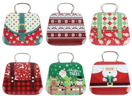 Kellegour Caja de Hojalata Navideña Para Galletas y Dulces,6 Piezas Bote Galletas Navidad,Latas Vacías de Navidad,Forma de Bolso,para Dulces,Moneda,Objetos Pequeños,Regalos