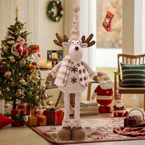 Figurita de duende navideño ajustable de pie, hecha a mano, gran reno, peluche con patas de resorte extraíbles, decoración navideña de invierno (C, 48x19cm)