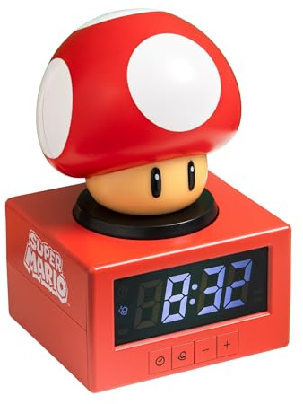 Paladone Super Mario Super Mushroom Icon Alarm Clock with Night Light – Digital Alarm Clock, Tap-to-Snooze, 16cm Tall, Official Nintendo Merchandise