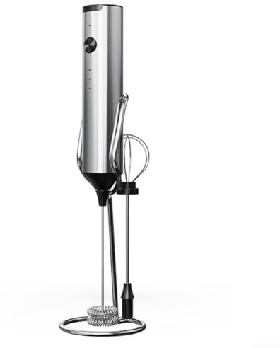 Espumador de leche eléctrico de acero inoxidable para leche caliente y fría, espumador de mano recargable con rendimiento de rotación estable (plateado)