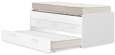 DEKIT - Pack Ahorro Juvenil Cama Nido Leka con 3 cajones, 1 somier Lama Ancha y 2 colchones viscoelásticos 90 x 190 cm