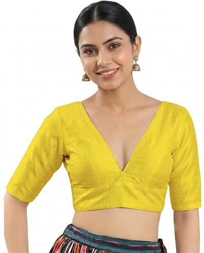 Fashnkart Women's Dupion Silk Saree Blouse Deep V-Neck Half Sleeve Readymade Choli Back Tie-Up Dori Closure Ethnic