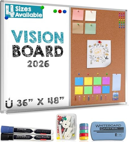 White Board and Cork Board Combo (36x48) Vision Board for 2026 - Half Bulletin Corkboard with Dry Erase Whiteboard Combination for Office or Home, Memo Board