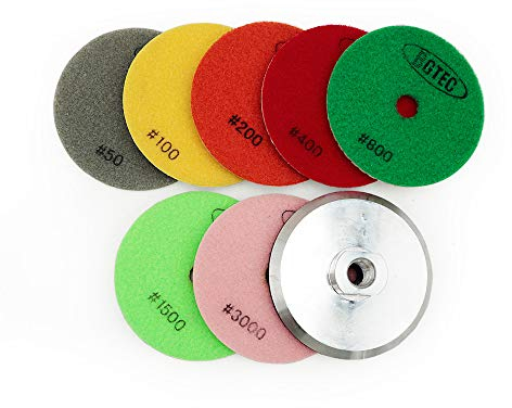 BGTEC Tamponi di Lucidatura a Umido Diamantati da 100 mm per Graniglie Miste di Marmo Granito 7 pezzi di Cuscinetti con 1 pezzo di Cupporto in Alluminio M14