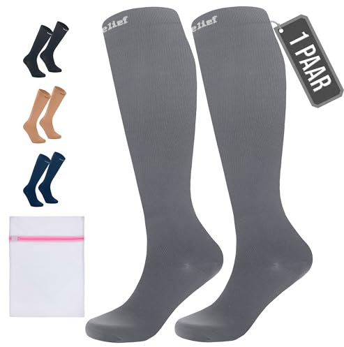 360 Relief Kompressionsstrümpfe Damen und Herren - 1 Paar Kompressionssocken Einfarbig für Sport, Laufen, Flug, Reise, Joggen, Radsport, kniestrümpfe, S/M Grau mit Wäschenetz