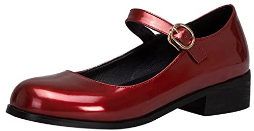 Lizoleor Femmes Bride Cheville Mary Jane Bout Rond Classique Cuir Verni Block Talons Moyen Escarpins Femmes École Boucle Décontractée Prom Chaussures Vin Rouge Taille 34 EU