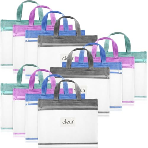 Zhehao 12 Pcs Student Book Pouches with Handle Document Bag Sew Project Bag for Quilting Mesh Zipper Pouch File Artwork Storage Organize for A4 Files, 14 x 11 Inch