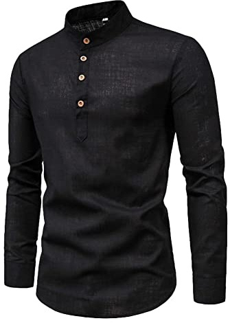 Camisas Hombres Camisa Manga Larga Camisas con Cuello Alzado Retro de Estilo Chino Primavera Verano Camisas Casuales Camisas de Negocios Tops de Lino de Algodón Color Sólido Camisa de Ocio Negro 3XL