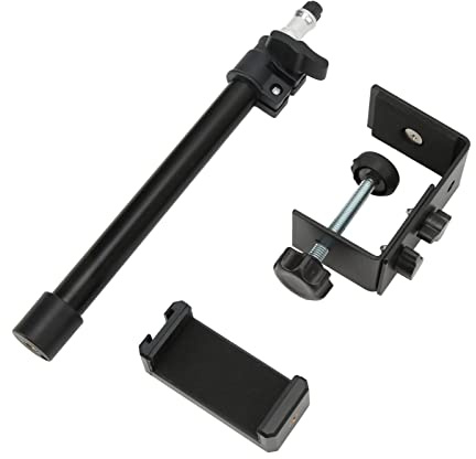 Webcam Tripod Camera Mount with Phone Holder, Camera Desk Bracket, Portable Retractable C-Clamp Table Mount Light Stand for Camera Phone Light Webcam