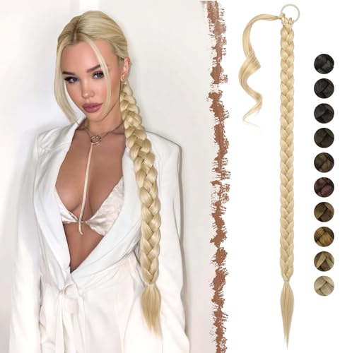 FESHFEN Treccia Finta Capelli - 65 cm Lunga Coda Finta Capelli Posticci con Elastico Sintetico Lunghi Ponytail Extension per Donne, Biondo e Biondo Cenere Misto