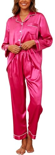 Reliwel Women's Pyjama Sets Silk Satin Long Sleeve Button Down Ladies Pyjamas two Piece Silk Pjs for Women Sets Sleepwear Loungewear Nightwear for Spring Summer,Rose red,XL