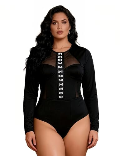 ohyeahlady Women's Sexy Long Sleeve Bodysuit Sheer Mesh Back & Sides Body Suits Soft Stretchy Going Out Leotard Tops with Adjustable Snap Closure Black Size M