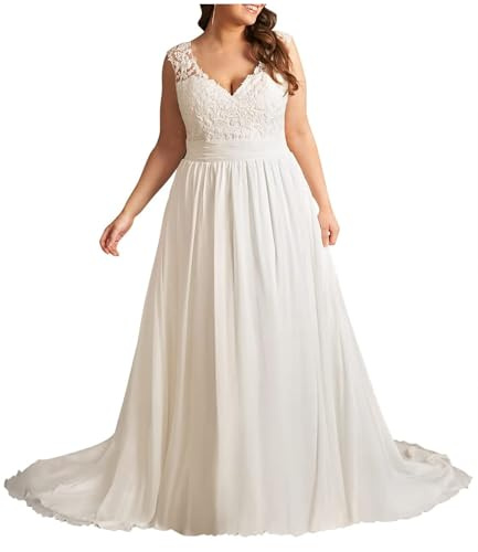 YIANN Abiti da Sposa Bianchi per Sposa 2024, con Scollo a V, in Pizzo, con Applicazioni, Stile A Linea, con Strascico, UK18