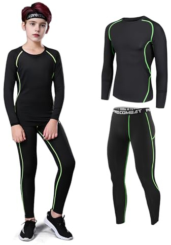 Shengxi Ropa Interior Térmica para Niños, Transpirable Deportes Conjuntos Térmicos Ropa Interior Funcional Termo Unisexo Ciclismo Futbolístico Deportes de Manga Larga (Verde, 30/145-155 cm)