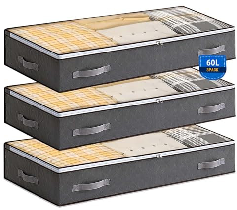 Boic 3 Pack 60L Underbed Storage Bags, Foldable Underbed Storage With Reinforced Handle, Under Bed Storage Boxes With Lids UnderbedStorage Boxes For Clothes Quilts Blankets Beddin