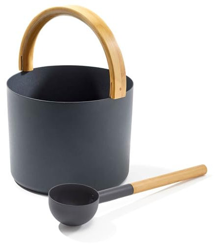 KOLO Sauna Set Kiulu 2 - Kübel 5 l + Aufgusskelle 300 ml - Schwarzes Aluminium - Bambusgriff - 2-teiliges Premium-Set für Aufgüsse und authentische finnische Saunakultur - Made in Finland
