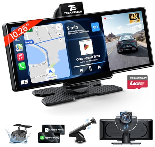 TECXERLLON 10.26'' Wireless Carplay & Android Auto, Apple Car play Screen with 4K Front & 1080P Rear Camera, Car Tablet Pro Max Touchscreen, 64G with GPS Navigation, Airplay, Mirror Link