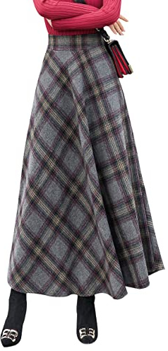 BiilyLi Gonna Lunga Inverno Donna Vintage Vita Alta Elegante Quadri Lana Maxi Skirt A-Linea Gonne 1952 Grigio -XXL