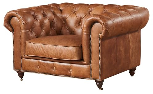 Pemberly Row Top Grain Leather Fully Assembled Chesterfield Leather Arm Chair in Light Chestnut, Single-Seat Upholstered Leather Chair, Living Room or Office Seating