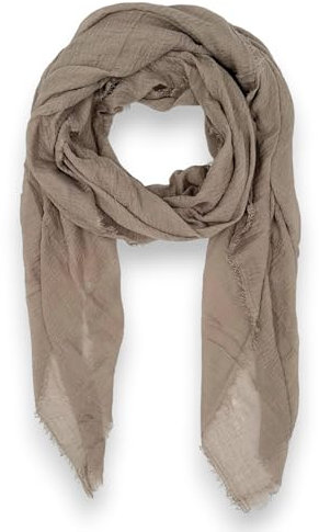 Ziona Leichtes Tuch Damen Sommer Schal dünn einfarbig Frühling Uni Halstuch Crinkle mit feinen Fransen (Taupe)