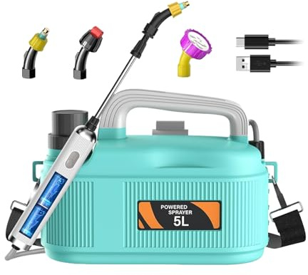 Xistuoz Spruzzatore per prato – Spruzzatore per erba alimentato a batteria, 1,35 galloni, irrigatore regolabile per fertilizzazione con bacchetta telescopica per interni, cortile, giardino, serra