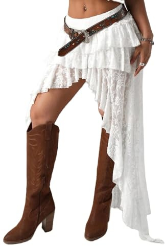 yssgtt Women's Lace Ruffle Skirt Y2K Vintage Cowgirl Irregular Hem Sexy Floral Mini Skirt for Women White