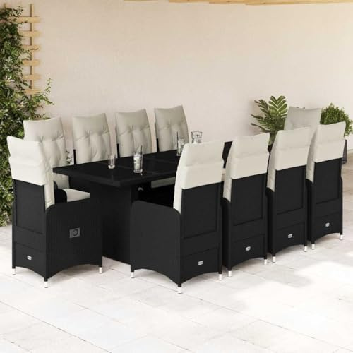 RMIHSJG Ensemble bistro de jardin 11 pièces avec coussins noirs, 4 fauteuils et table avec dossier réglable et housses amovibles, meubles en rotin synthétique pour terrasse et balcon