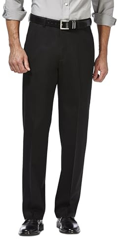 Haggar mens Premium No Iron Khaki Classic Fit Expandable Waist Flat Front dress pants, Black, 36W x 32L US
