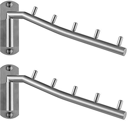 JQK Folding Clothes Hanger Rack, Stainless Steel Swing Arm Hook Holder, Clothing Hanging System Drying Closet Storage Organizer Brushed Finished Wall Mount 2 Pack, SHR100-BN-P2