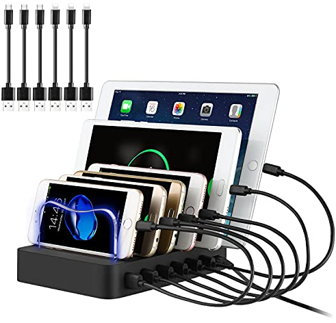 PRITEK USB Ladestation für Mehrere Geräte 6 Port USB Multi Ladestation Handy USB Ladegerät Dockingstation für Mobiltelefon Tablet MP4 und andere USB-fähige Geräte 6 Kurze Kabel Inkl. (Schwarz)